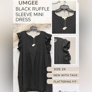 UMGEE Black Ruffle Sleeve Plus Size Mini Dress 2X NWT Boho Flowy Babydoll
